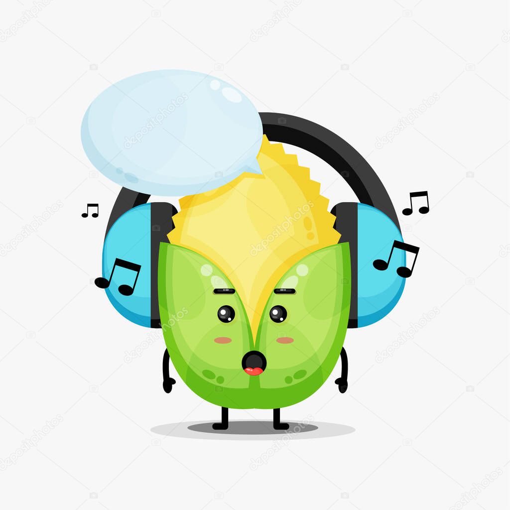 Cute corn mascot listening to music