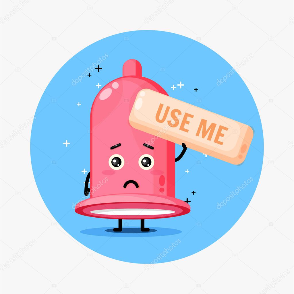 Cute condom mascot asks to be used