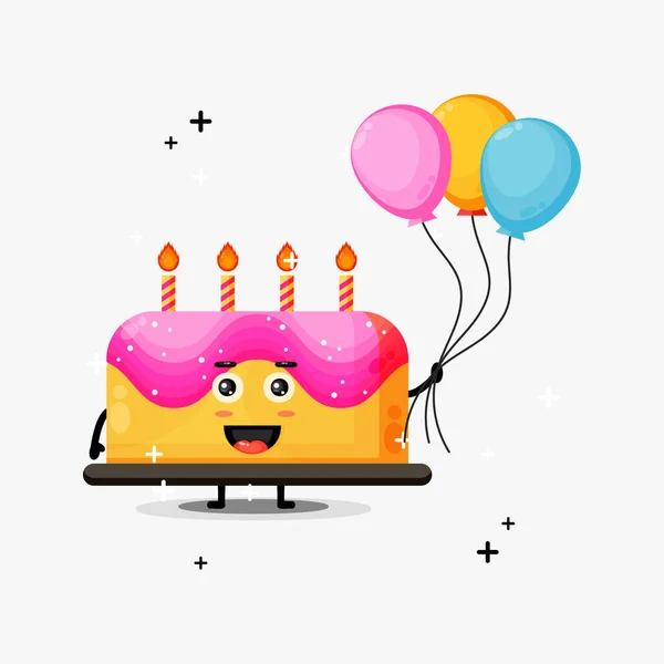 Cute Birthday Cake Mascot Carrying Balloons — Stock Vector