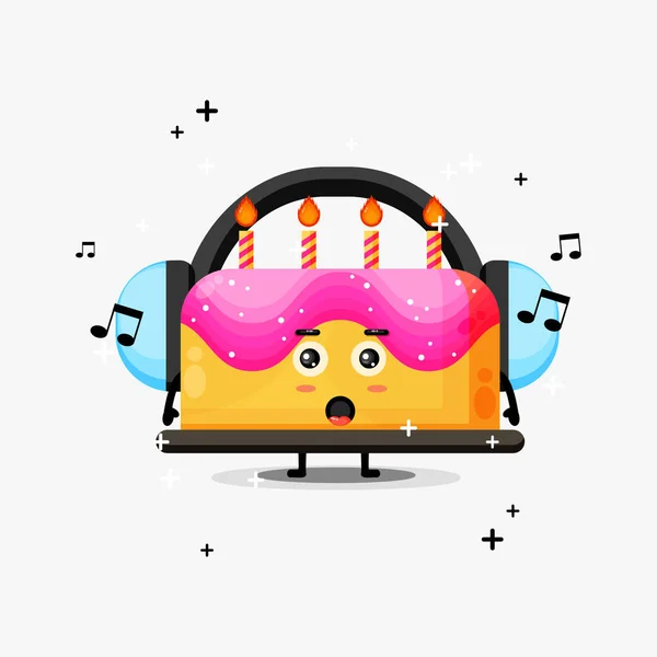 Mascotte Gâteau Anniversaire Mignon Écoutant Musique — Image vectorielle