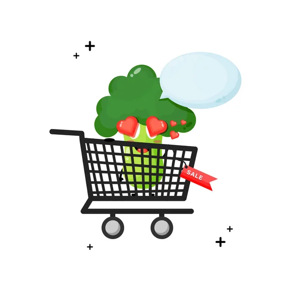 Cute Broccoli Mascot Shopping Cart — Stock Vector