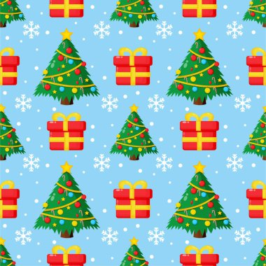 Kusursuz bir Noel deseni. Noel ağacı ve hediye kutusu
