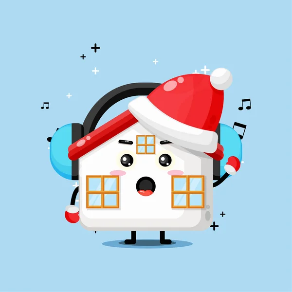 Cute House Mascot Listening Music Christmas Day — Stock Vector