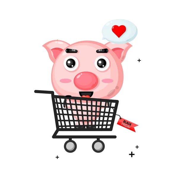 可爱的猪吉祥物在购物车黑色星期五折扣 — 图库矢量图片
