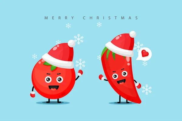 Bonito Tomate Mascote Pimenta Vermelha Usando Traje Natal — Vetor de Stock