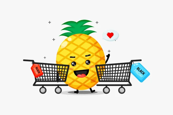 Söt Ananas Maskot Handlar Svart Fredag — Stock vektor