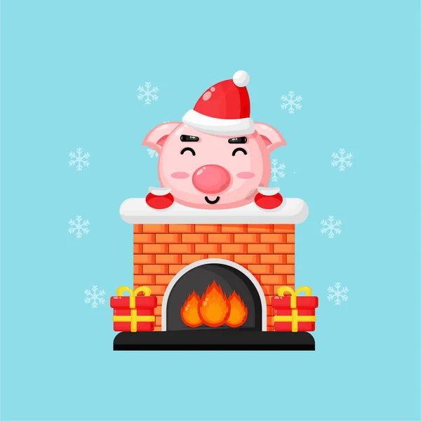 かわいい豚上のクリスマス煙突暖炉 — ストックベクタ
