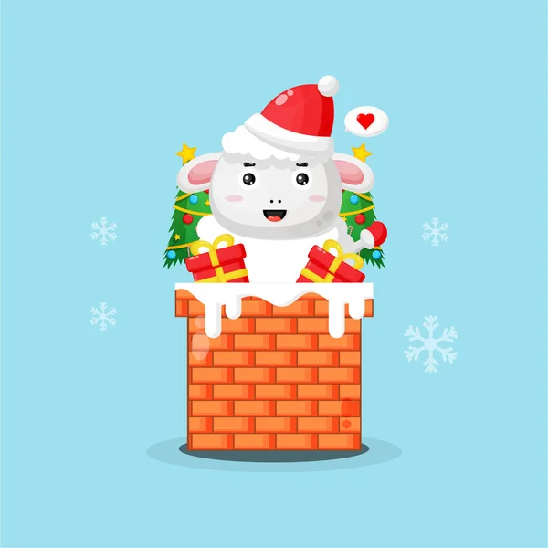 Mignon Mouton Sur Cheminée Avec Cadeau Noël — Image vectorielle
