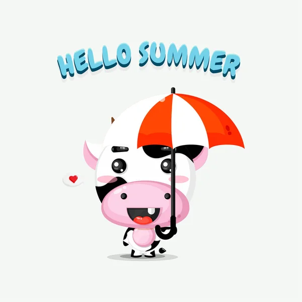 Niedliches Kuh Maskottchen Trägt Regenschirm Mit Sommergrüßen — Stockvektor