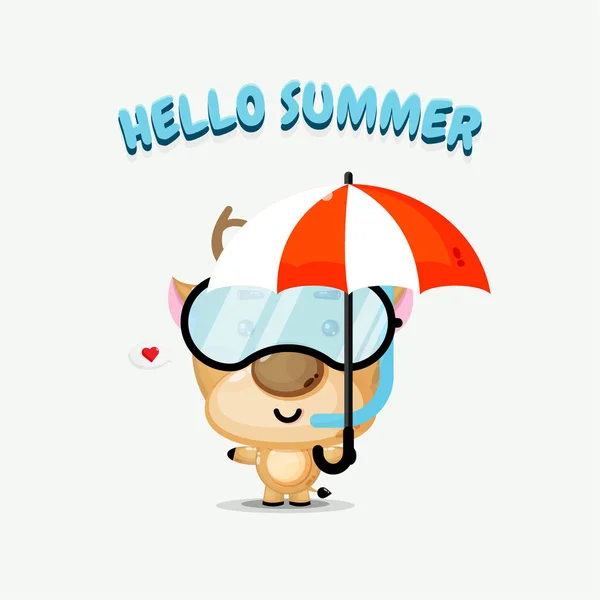 Cute Deer Mascot Carrying Umbrella Summer Greetings — Stock Vector