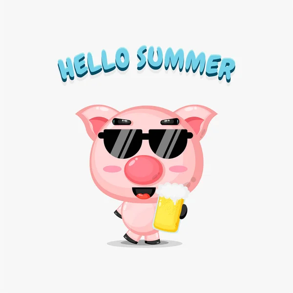 Mascote Porco Bonito Traz Cerveja Com Saudações Verão — Vetor de Stock