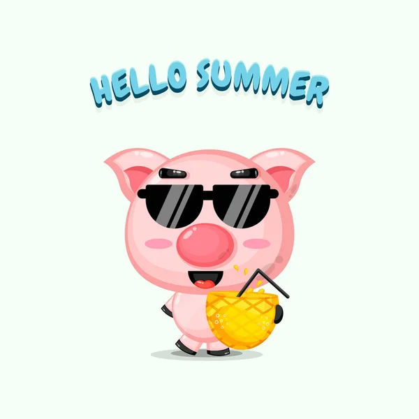 Mascota Porc Drăguță Care Transportă Suc Ananas Salutări Vară — Vector de stoc