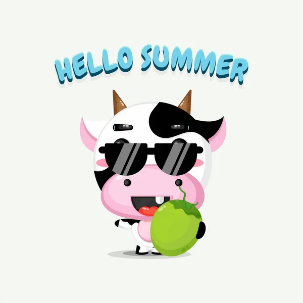 Симпатичный Талисман Коровы Кокосом Летними Приветствиями — стоковый вектор