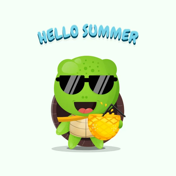 Cute Turtle Mascot Carrying Pineapple Juice Summer Greetings — Stock Vector