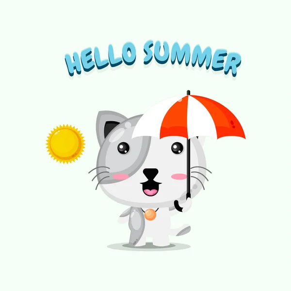 Niedliche Katze Trägt Regenschirm Mit Sommergrüßen — Stockvektor