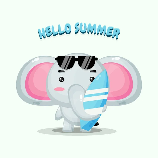 带冲浪板的可爱大象带着夏日的问候 — 图库矢量图片