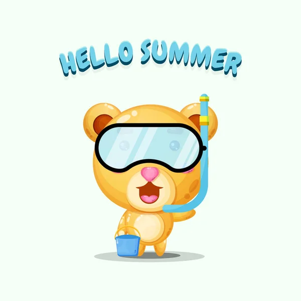 Cute Bear Wearing Diving Gear Summer Greetings — Stock Vector