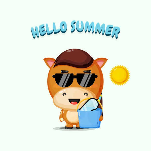 Cute Horse Mascot Carrying Bucket Summer Greetings — Stock Vector