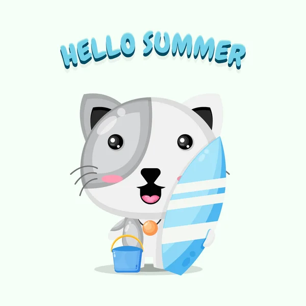 可爱的猫吉祥物载着冲浪板与夏天的问候 — 图库矢量图片