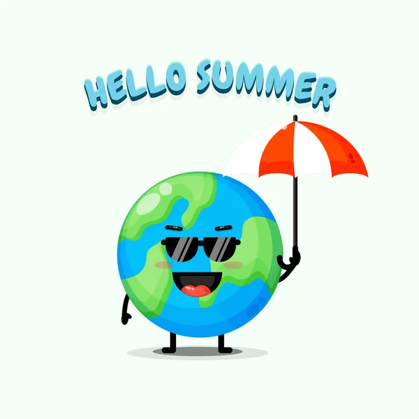 Симпатичный Земной Талисман Несущий Зонтик Летними Приветствиями — стоковый вектор