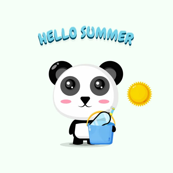 Cute Panda Mascot Carrying Bucket Summer Greetings — Stock Vector