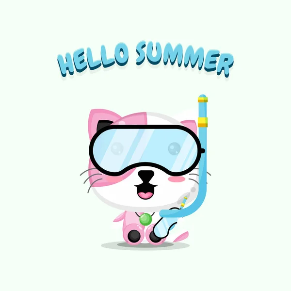 Cute Cat Wearing Diving Gear Summer Greetings — Stock Vector