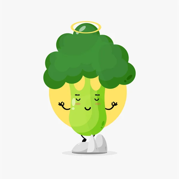 Cute Broccoli Character Meditating Yoga Pose — Stock Vector