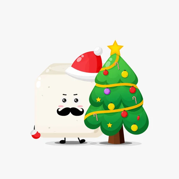 Netter Tofu Charakter Und Weihnachtsbaum — Stockvektor