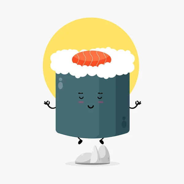 Illustration Cute Sushi Roll Character Meditating — Stock Vector