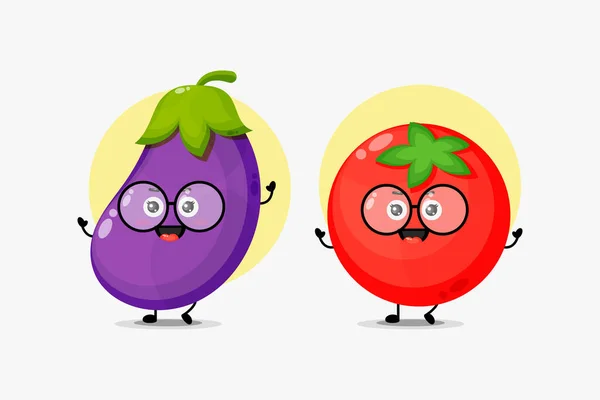 Cute Eggplant Tomato Character Wearing Glasses — Stock Vector