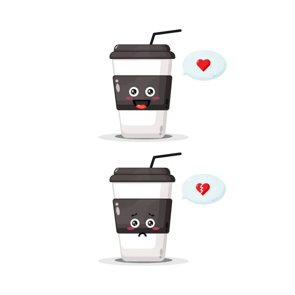 Carino Personaggio Tazza Caffè Con Espressioni Felici Tristi — Vettoriale Stock