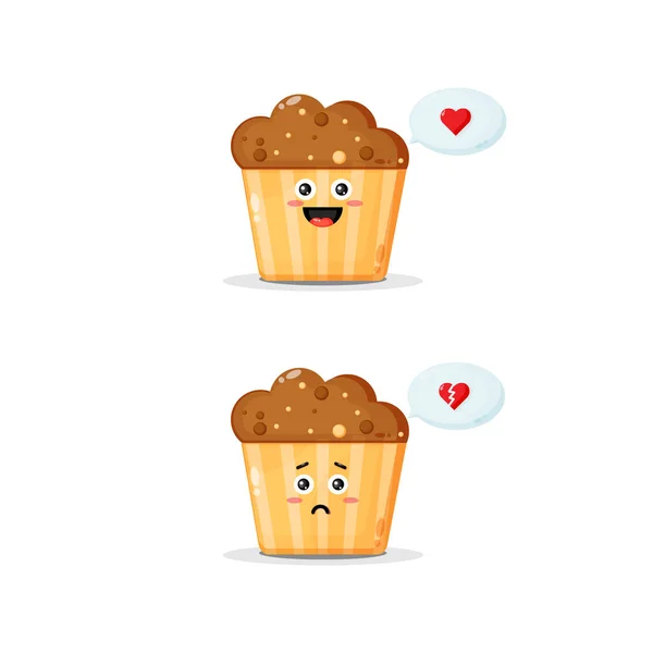 Schattige Muffins Karakter Met Vrolijke Droevige Uitdrukkingen — Stockvector
