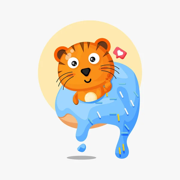 Niedlicher Tiger Auf Einem Donut Cartoon Symbol — Stockvektor