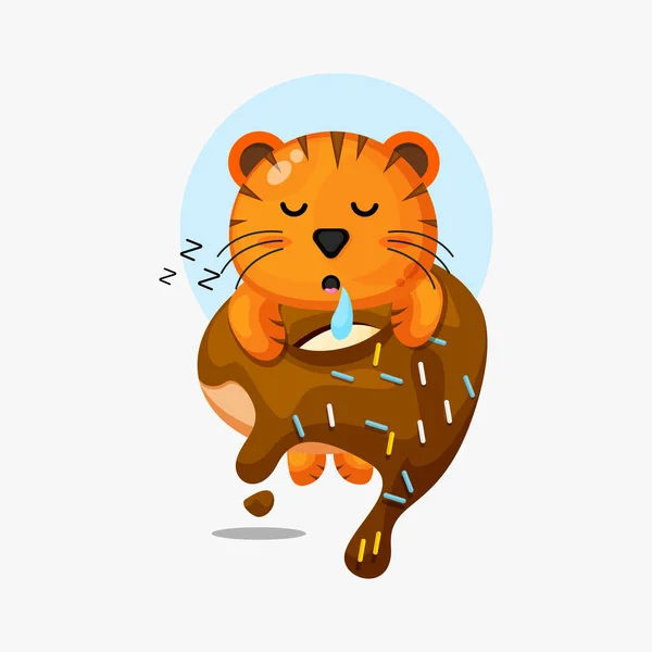 Niedlicher Tiger Schläft Auf Einem Donut Symbol Illustration — Stockvektor