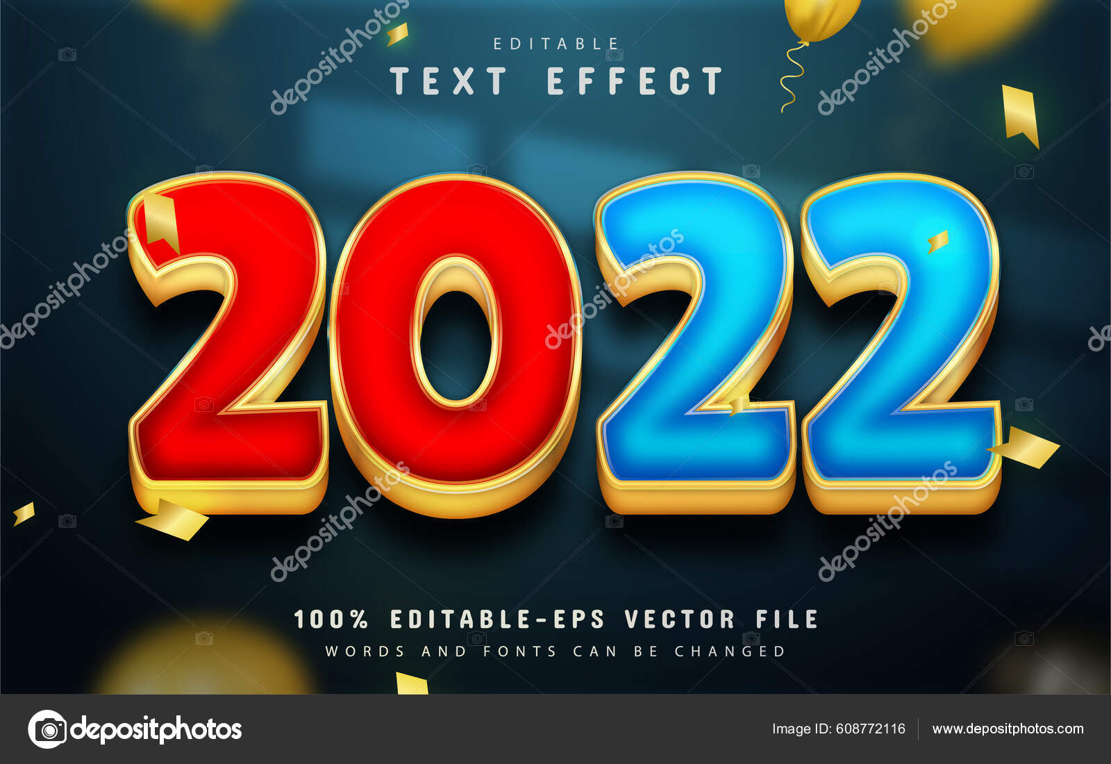 Новым 2022 Годом Золотой Красный Синий Текстовый Эффект Векторное.