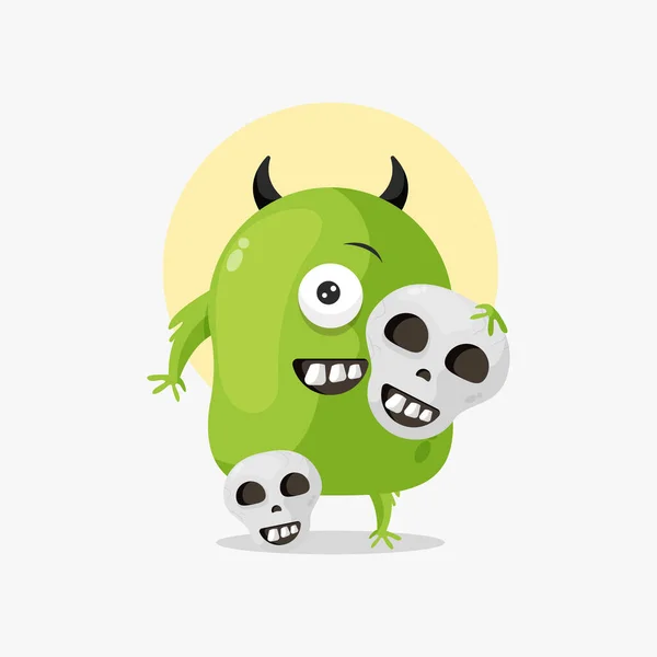 Niedliches Grünes Monster Mit Totenkopf Halloween Cartoon Illustration — Stockvektor