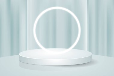 3d pastel mavi perde arka plan ürünleri podyum sahnesini ışık saçan neon dekorasyonlu, geometrik platformlu ürünleri göstermek için