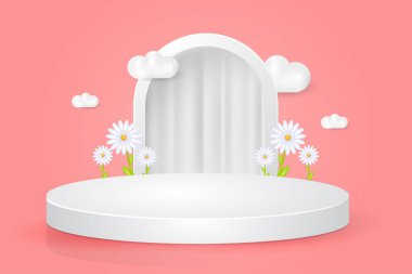 Çiçek sergisi illüstrasyonlu 3D beyaz podyum