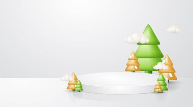 Gerçekçi 3 boyutlu Noel şablonu. Sergi ürünlerinin sergilenmesi için kaide veya podyum standı. Beyaz arkaplanda Noel ağacı süslemesi