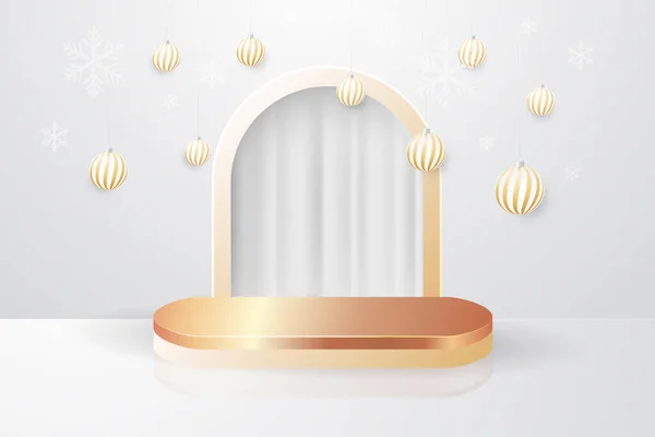 白い背景に製品表示のためのクリスマスボールと豪華な金の表彰台 — ストックベクタ
