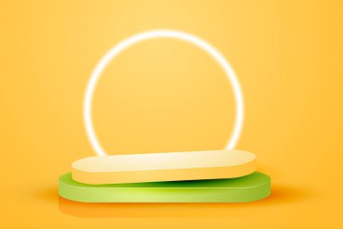 Sarı arka planda gösterilen kozmetik ürün tanıtımı için yeşil ve sarı 3d sahne podyumu
