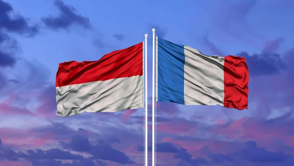 France Indonesia Two Flags Flagpoles Blue Cloudy Sky — Stock Photo, Image