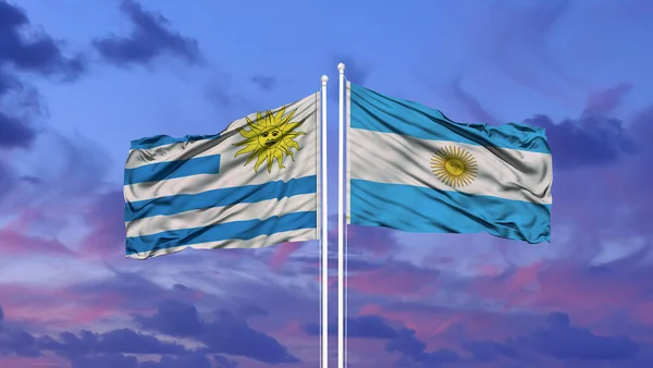 Argentína Uruguay Két Zászlót Zászlórúd Kék — Stock Fotó