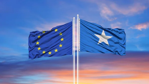 Európai Unió Szomália Zászlórúd Kék Felhős — Stock Fotó