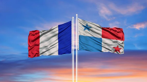 Franciaország Panama Két Zászlót Zászlórúdra Kék Felhős Égre — Stock Fotó