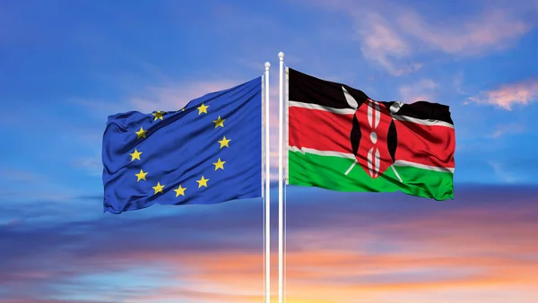 Unión Europea Kenia Dos Banderas Sobre Asta Bandera Cielo Azul — Foto de Stock