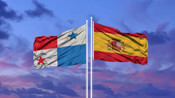 Spanyolország Panama Két Zászlót Zászlórúd Kék Felhős — Stock Fotó