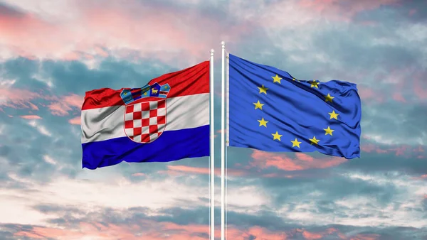 Európai Unió Horvát Zászlók Lobognak Kék Háttér — Stock Fotó