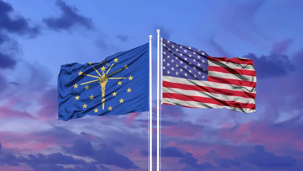 Amerikaanse Indiana Vlag Een Vlaggenmast Met Lucht Achtergrond — Stockfoto