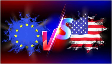 Amerika, Avrupa Birliği 'ne karşı devam eden ticaret savaşı. Karşıt görüşlü iki ülkenin bayrağı vs metin ve arkaplan siyahı